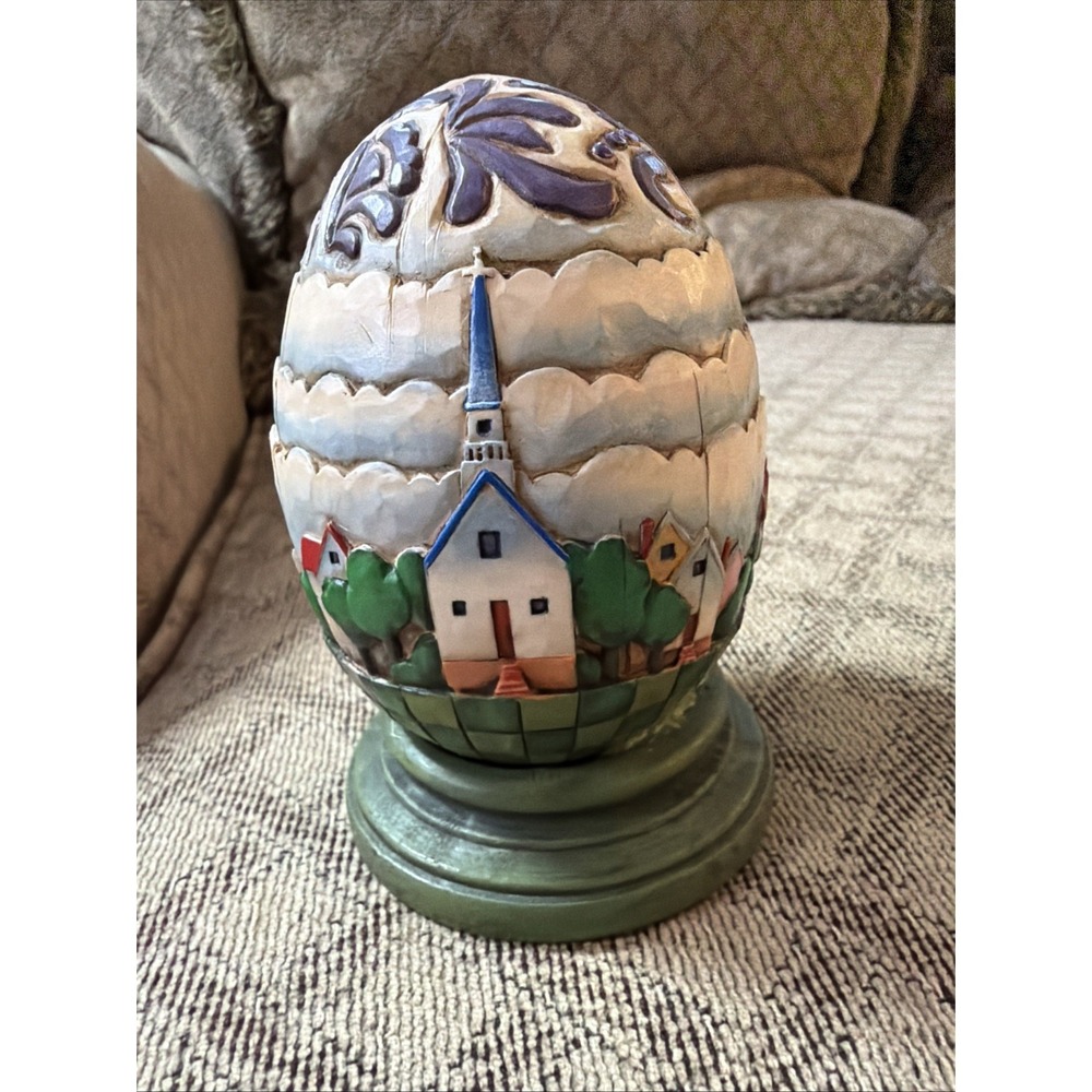 Jim Shore Wood Carved Egg, Church Egg 4001854 Vtg Green Base 2004 Enesco